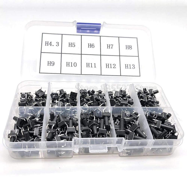 Planet Gates 200001056 200pcs / 10 Models 6*6 Light Micro Touch Switch Sets Push Button Switch Kit , Height: 4.3MM - 13MM DIP 4Pin 6x6 Keys Tact ON/OFF