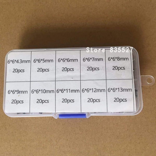 Planet Gates 200001056 200pcs / 10 Models 6*6 Light Micro Touch Switch Sets Push Button Switch Kit , Height: 4.3MM - 13MM DIP 4Pin 6x6 Keys Tact ON/OFF