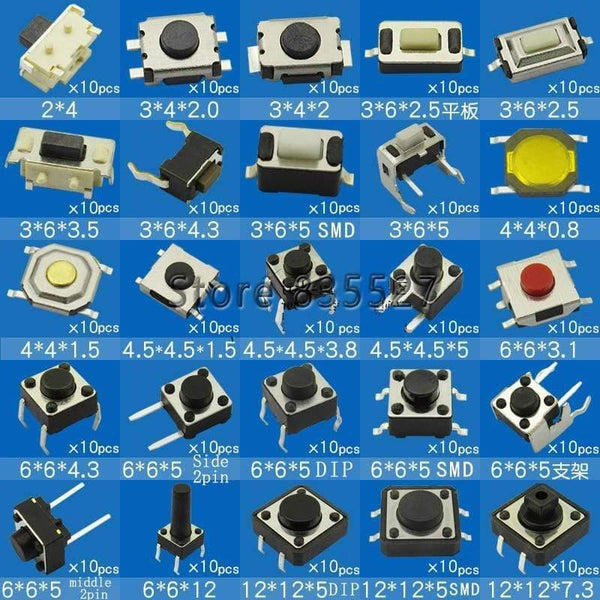 Planet Gates 200001056 25 Kinds - 250pcs  Light Touch Switch Pack Small Key Switch Micro Switch Pack 2*4 3*6 4*4 Push Button 6x6 12*12 2.5 3.5 4.3