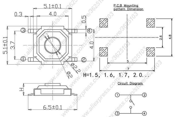 Planet Gates 200001056 50PCS/LOT SMD 4*4*1.5mm (5.2*5.2*1.5mm) Tactile Tact Push Button Micro Switch Momentary Push Button Copper Head/Rubber Head Etc.