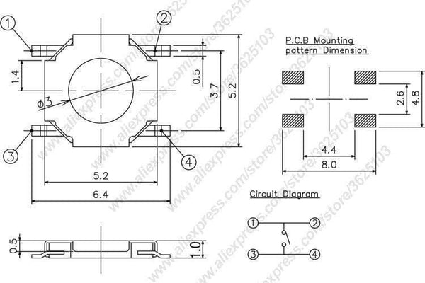 Planet Gates 200001056 50PCS/LOT SMD 4*4*1.5mm (5.2*5.2*1.5mm) Tactile Tact Push Button Micro Switch Momentary Push Button Copper Head/Rubber Head Etc.
