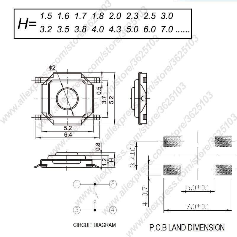 Planet Gates 200001056 50PCS/LOT SMD 4*4*1.5MM~7MM 4X4X1.5MM~7MM 5.2mm X 5.2mm Tactile Tact Push Button Micro Switch Momentary Push Button Copper Head