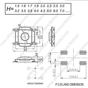 Planet Gates 200001056 50PCS/LOT SMD 4*4*1.5MM~7MM 4X4X1.5MM~7MM 5.2mm X 5.2mm Tactile Tact Push Button Micro Switch Momentary Push Button Copper Head