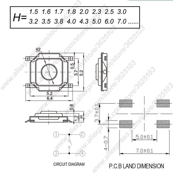 Planet Gates 200001056 50PCS/LOT SMD 4*4*1.5MM~7MM 4X4X1.5MM~7MM 5.2mm X 5.2mm Tactile Tact Push Button Micro Switch Momentary Push Button Copper Head