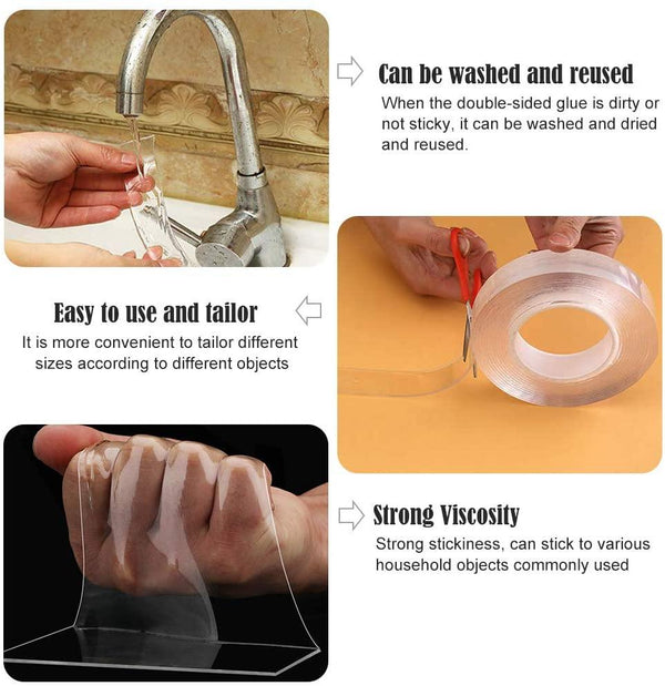 Planet Gates 200001762 3M/5M Nano Magic Tape Double Sided Transparent NoTrace Reusable Waterproof Adhesive Tape Sticker Cleanable Home Garden Gekkotape
