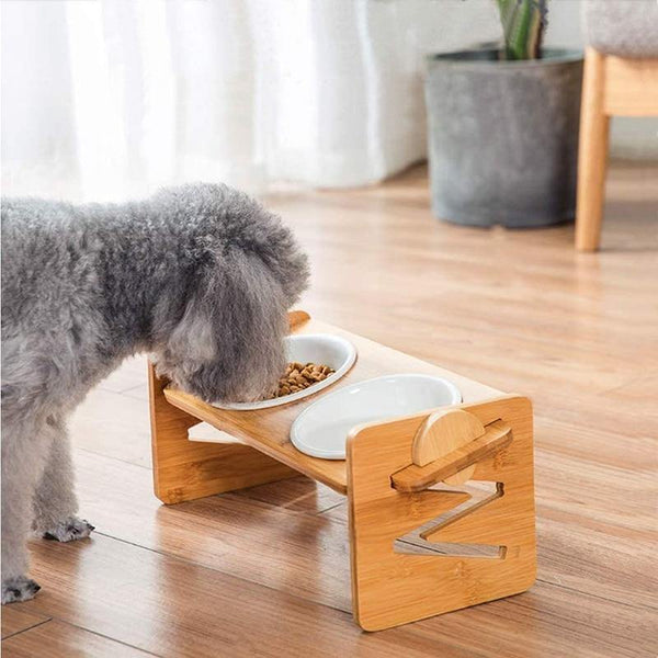 Planet Gates 200003781 Pets Double Bowls Dog Cat Food Water Feeder Ceramic Dish Bowl Bamboo Rack Cats Feeding Dishes Dogs Drink Bowl Pet Supplies New (White L  14cm)