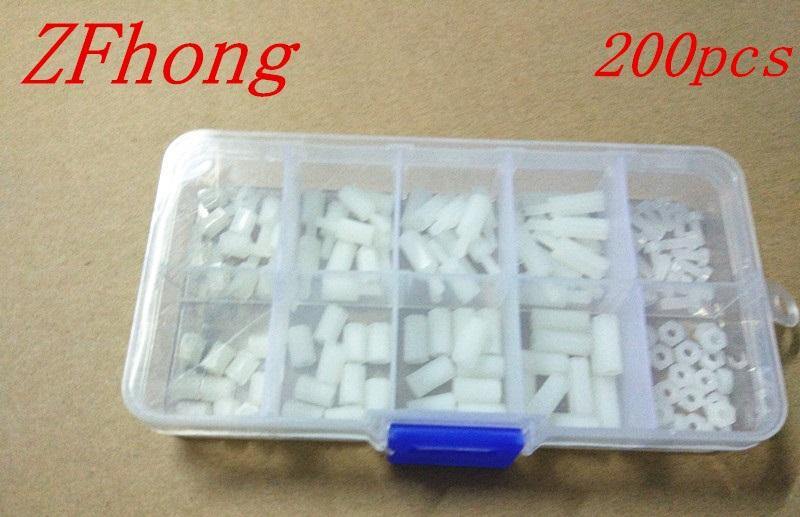 200PCS M2 M2.5 M3*6/8/10/12 White Nylon Hex Spacers Screw Nut Stand-off Plastic Parts Plastic Standoff Set White Kit Sample Box