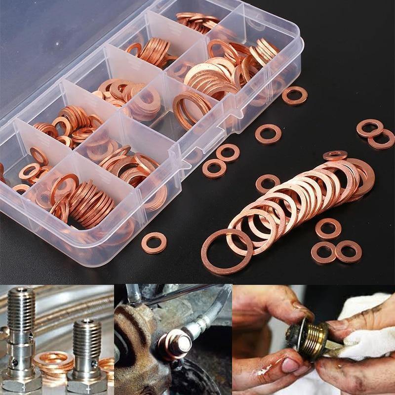 Planet Gates 200Pcs/Pack Car Copper Washer Oil Seal Sheet Gasket Assorted Garage Engine Washer Kit Auto Hardware Repair M5 M6 M8 M10 M12 M14