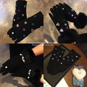 Planet Gates 2017 Brand Luxury Women's Winter Wool Gloves Colorful Crystal Real Rabbit Fur Elegant Fur Gloves Female Mittens Cashmere Gloves