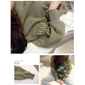 Planet Gates 2017 Winter Autumn New Harajuku Funny Cartoon Tracksuit for Women Pullover Fleece Hoodies Loose Female Sweatshirt Army Green 2XL
