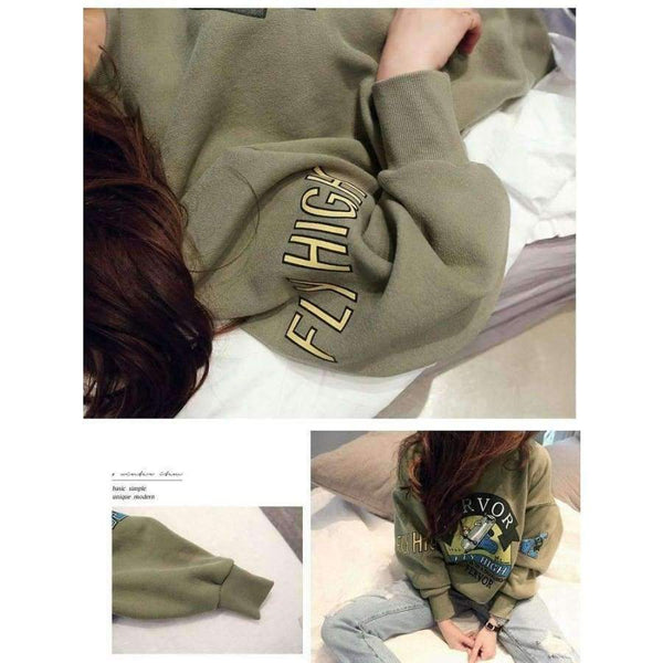 Planet Gates 2017 Winter Autumn New Harajuku Funny Cartoon Tracksuit for Women Pullover Fleece Hoodies Loose Female Sweatshirt Army Green 2XL