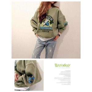 Planet Gates 2017 Winter Autumn New Harajuku Funny Cartoon Tracksuit for Women Pullover Fleece Hoodies Loose Female Sweatshirt Army Green 2XL