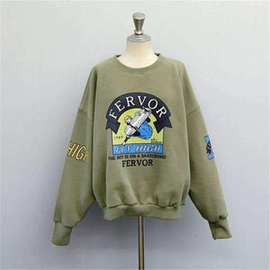 Planet Gates 2017 Winter Autumn New Harajuku Funny Cartoon Tracksuit for Women Pullover Fleece Hoodies Loose Female Sweatshirt Army Green 2XL