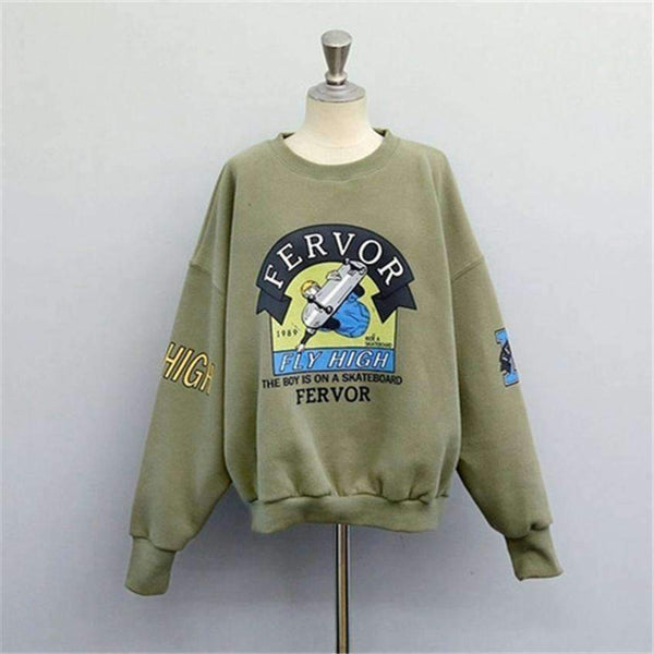 Planet Gates 2017 Winter Autumn New Harajuku Funny Cartoon Tracksuit for Women Pullover Fleece Hoodies Loose Female Sweatshirt Army Green 2XL