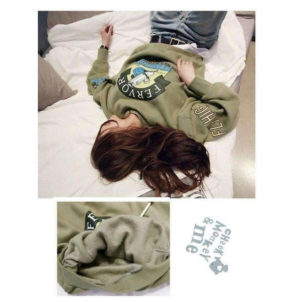 Planet Gates 2017 Winter Autumn New Harajuku Funny Cartoon Tracksuit for Women Pullover Fleece Hoodies Loose Female Sweatshirt Army Green 2XL