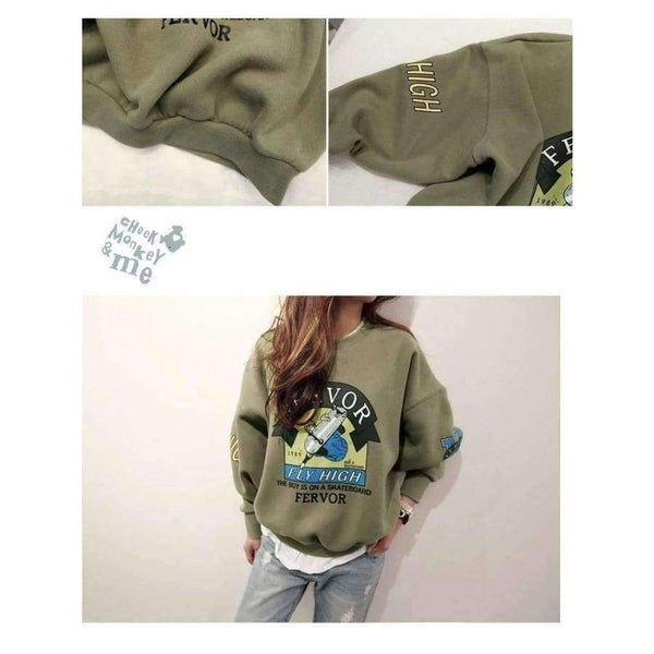 Planet Gates 2017 Winter Autumn New Harajuku Funny Cartoon Tracksuit for Women Pullover Fleece Hoodies Loose Female Sweatshirt Army Green 2XL