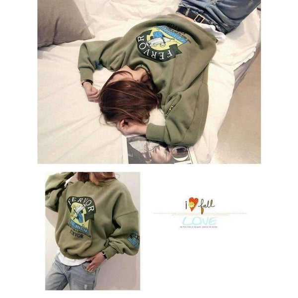 Planet Gates 2017 Winter Autumn New Harajuku Funny Cartoon Tracksuit for Women Pullover Fleece Hoodies Loose Female Sweatshirt Army Green 2XL