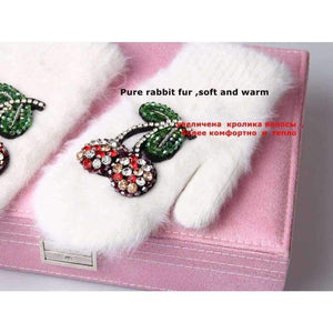 Planet Gates 2017 Winter Gloves Luxury Crystal Cherry decoration Rabbit fur gloves For Woman winter gloves girls Mittens