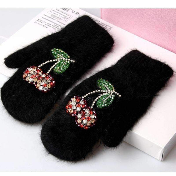 Planet Gates 2017 Winter Gloves Luxury Crystal Cherry decoration Rabbit fur gloves For Woman winter gloves girls Mittens
