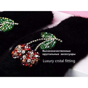 Planet Gates 2017 Winter Gloves Luxury Crystal Cherry decoration Rabbit fur gloves For Woman winter gloves girls Mittens