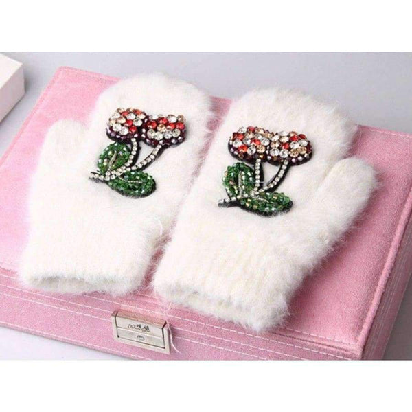 Planet Gates 2017 Winter Gloves Luxury Crystal Cherry decoration Rabbit fur gloves For Woman winter gloves girls Mittens