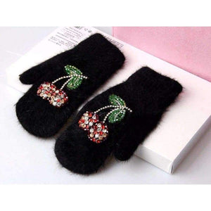 Planet Gates 2017 Winter Gloves Luxury Crystal Cherry decoration Rabbit fur gloves For Woman winter gloves girls Mittens