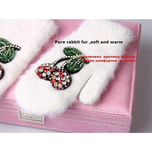 Planet Gates 2017 Winter Gloves Luxury Crystal Cherry decoration Rabbit fur gloves For Woman winter gloves girls Mittens