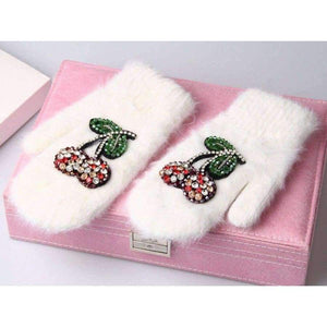 Planet Gates 2017 Winter Gloves Luxury Crystal Cherry decoration Rabbit fur gloves For Woman winter gloves girls Mittens