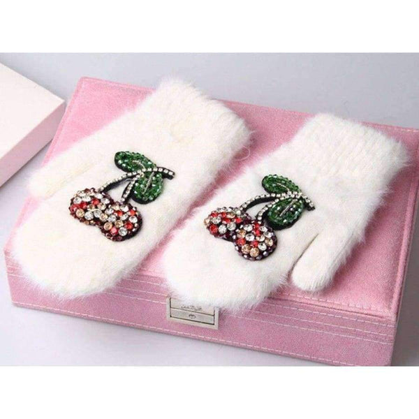 Planet Gates 2017 Winter Gloves Luxury Crystal Cherry decoration Rabbit fur gloves For Woman winter gloves girls Mittens