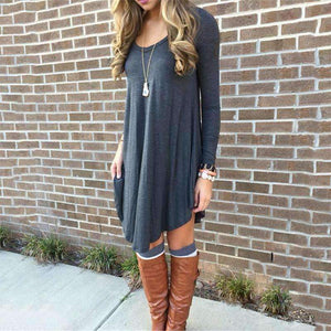 Planet Gates 2018 Autumn Casual Loose Knitting Dress Women Solid O-Neck Long Sleeve Asymmetrical Hem Comfortable Dress Plus Size