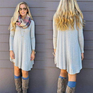 Planet Gates 2018 Autumn Casual Loose Knitting Dress Women Solid O-Neck Long Sleeve Asymmetrical Hem Comfortable Dress Plus Size