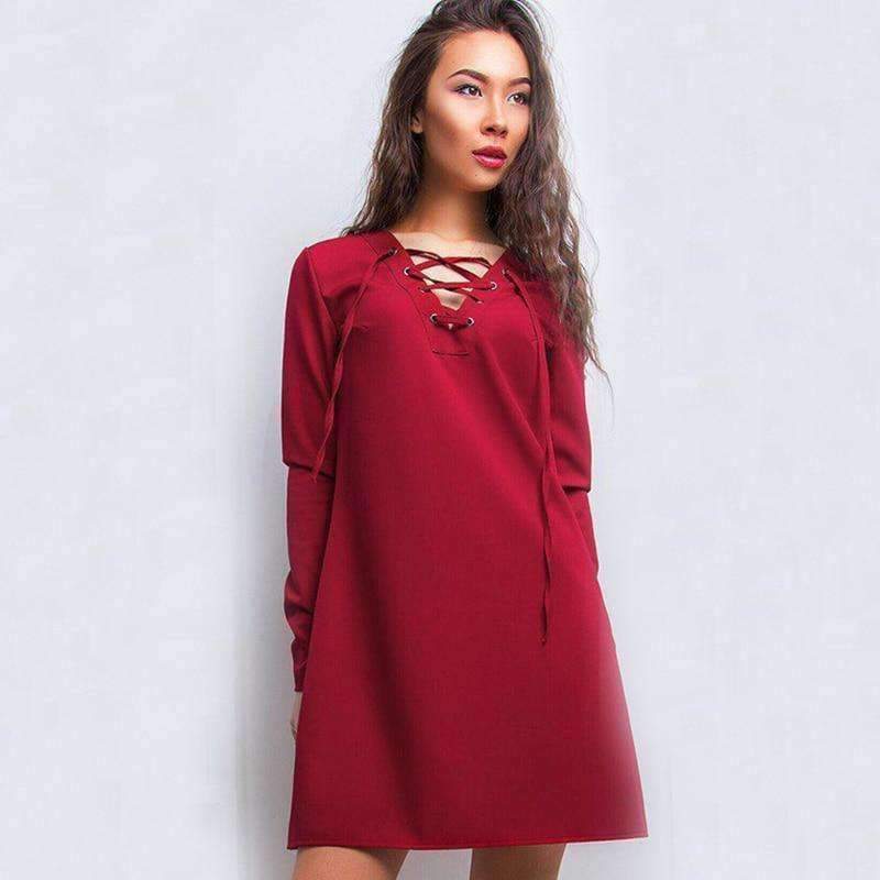 Planet Gates 2018 Autumn Fashion Criss Cross Dress Women Solid Colour V-Neck Lace-up Mini Dresses Long Sleeve Casual Dress Vestidos