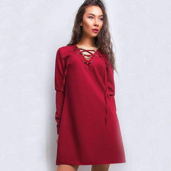 Planet Gates 2018 Autumn Fashion Criss Cross Dress Women Solid Colour V-Neck Lace-up Mini Dresses Long Sleeve Casual Dress Vestidos