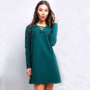Planet Gates 2018 Autumn Fashion Criss Cross Dress Women Solid Colour V-Neck Lace-up Mini Dresses Long Sleeve Casual Dress Vestidos
