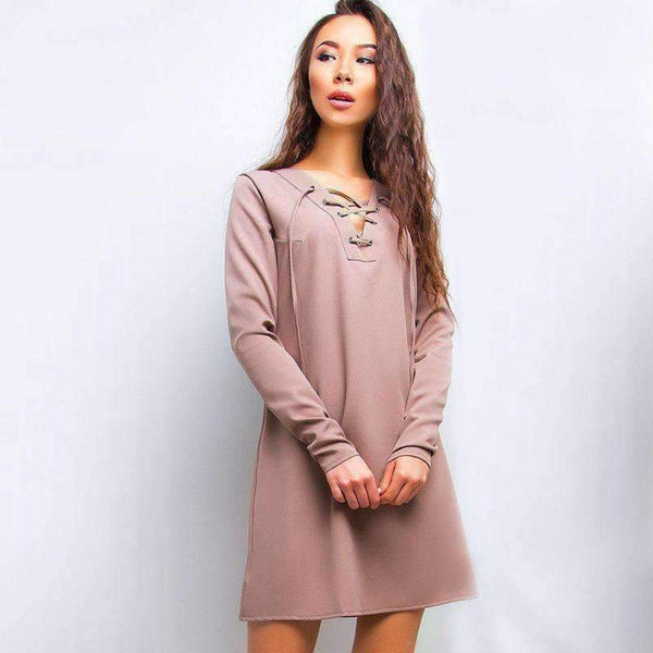 Planet Gates 2018 Autumn Fashion Criss Cross Dress Women Solid Colour V-Neck Lace-up Mini Dresses Long Sleeve Casual Dress Vestidos