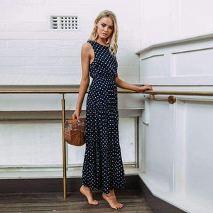 Planet Gates 2018 Autumn Hot Sale Women Casual Sleeveless Polka Dot Print Dress Loose Long Maxi Dresses Vestidos Sexy Button