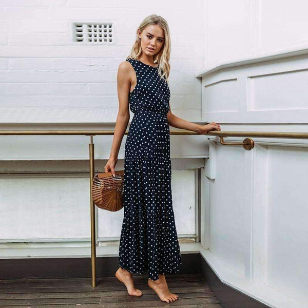 Planet Gates 2018 Autumn Hot Sale Women Casual Sleeveless Polka Dot Print Dress Loose Long Maxi Dresses Vestidos Sexy Button