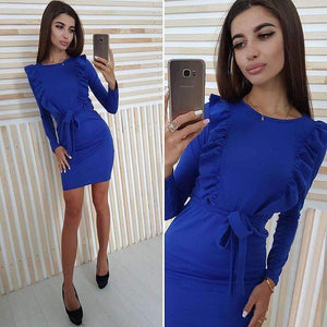 Planet Gates 2018 Autumn Ruffles Sashes Bodycon Dress Solid Long Sleeve O-Neck Women Casual Dress Party Mini Dresses