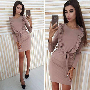 Planet Gates 2018 Autumn Ruffles Sashes Bodycon Dress Solid Long Sleeve O-Neck Women Casual Dress Party Mini Dresses