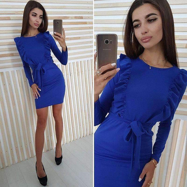 Planet Gates 2018 Autumn Ruffles Sashes Bodycon Dress Solid Long Sleeve O-Neck Women Casual Dress Party Mini Dresses