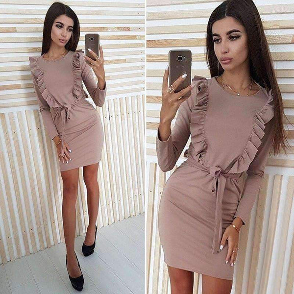 Planet Gates 2018 Autumn Ruffles Sashes Bodycon Dress Solid Long Sleeve O-Neck Women Casual Dress Party Mini Dresses
