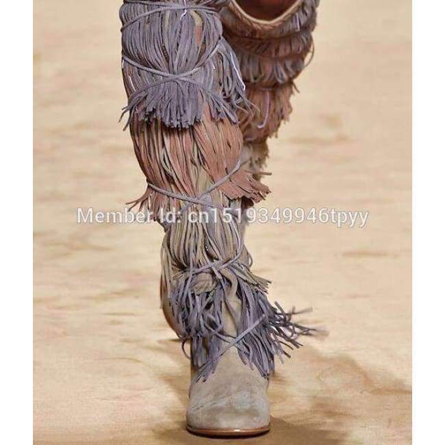 Planet Gates 2018 Bohemia Style Women Knee High Wedge Boots Height Increasing Fringe Tassel Boots  Lace-up Fashion Women Shoes