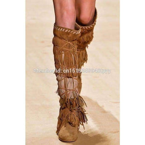 Planet Gates 2018 Bohemia Style Women Knee High Wedge Boots Height Increasing Fringe Tassel Boots  Lace-up Fashion Women Shoes
