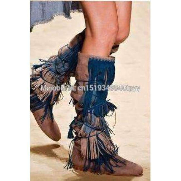 Planet Gates 2018 Bohemia Style Women Knee High Wedge Boots Height Increasing Fringe Tassel Boots  Lace-up Fashion Women Shoes