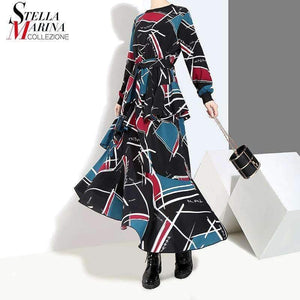 Planet Gates 2018 Korean Style Women Autumn Long Dress Multicolor Geometrical Pattern Printed Ankle Length Girls Stylish Party Dresses 3906