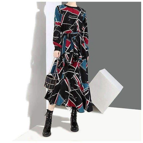 Planet Gates 2018 Korean Style Women Autumn Long Dress Multicolor Geometrical Pattern Printed Ankle Length Girls Stylish Party Dresses 3906