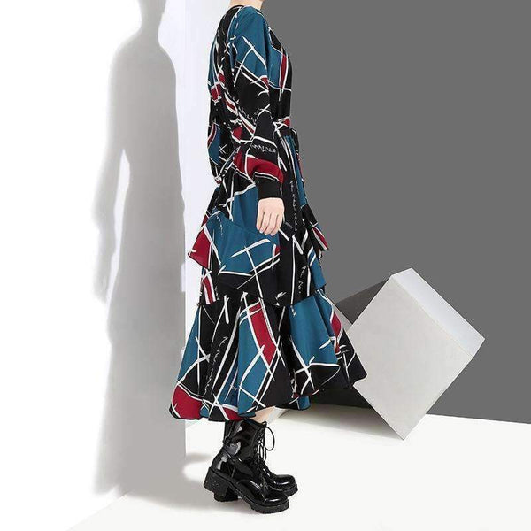 Planet Gates 2018 Korean Style Women Autumn Long Dress Multicolor Geometrical Pattern Printed Ankle Length Girls Stylish Party Dresses 3906