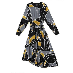 Planet Gates 2018 Korean Style Women Autumn Long Dress Multicolor Geometrical Pattern Printed Ankle Length Girls Stylish Party Dresses 3906
