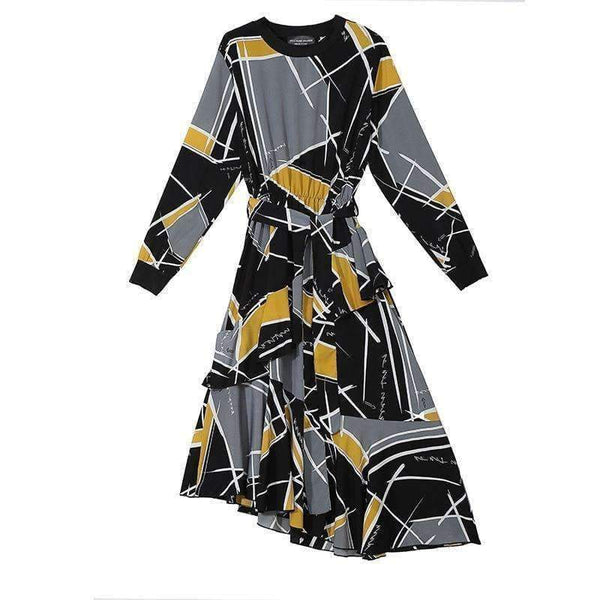 Planet Gates 2018 Korean Style Women Autumn Long Dress Multicolor Geometrical Pattern Printed Ankle Length Girls Stylish Party Dresses 3906