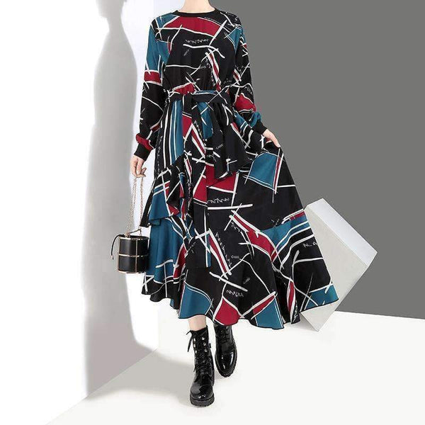 Planet Gates 2018 Korean Style Women Autumn Long Dress Multicolor Geometrical Pattern Printed Ankle Length Girls Stylish Party Dresses 3906